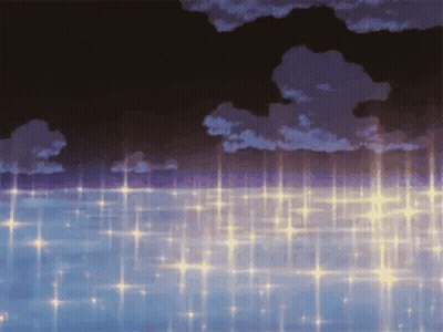 A Painting Of A Cloudy Sky Over A Body Of Water With Stars GIF