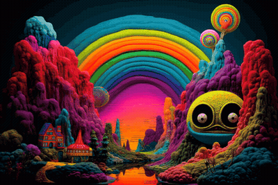 A Painting Of A Colorful Landscape With A Rainbow GIF