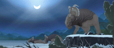 A Painting Of A Couple Of Animals Standing On A Snowy Hill GIF