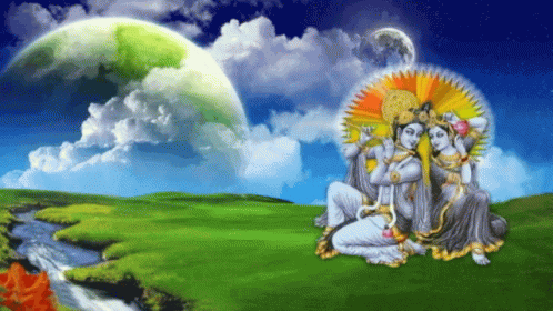 A Painting Of A Couple Of Deities Sitting In A Field GIF