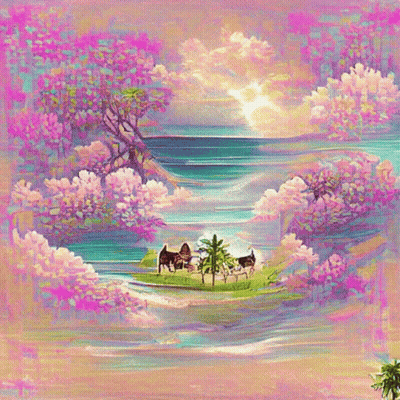A Painting Of A Cow On A Small Island In The Middle Of The Ocean GIF