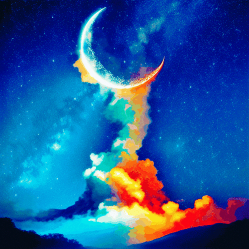 A Painting Of A Crescent Moon Surrounded By Fire And Water GIF