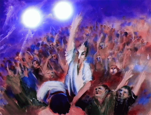 A Painting Of A Crowd Of People Raising Their Hands In The Air GIF