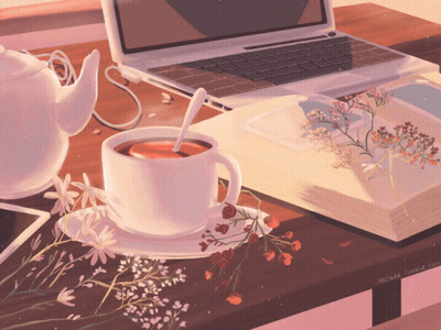 A Painting Of A Cup Of Tea Next To A Laptop GIF