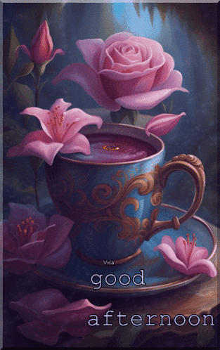 A Painting Of A Cup Of Tea With Pink Flowers And The Words Good Afternoon Below It GIF