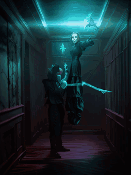 A Painting Of A Dark Hallway With A Green And Blue Pillar In The Middle GIF