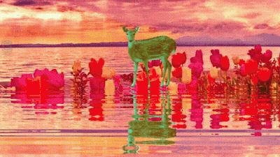 A Painting Of A Deer Standing In The Water Surrounded By Flowers GIF