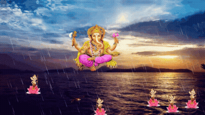 A Painting Of A Deity Flying Over A Lake GIF