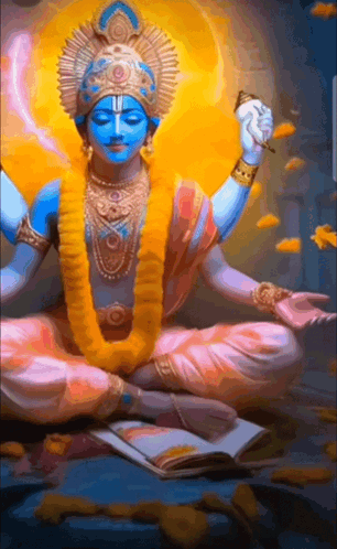 A Painting Of A Deity Sitting In A Lotus Position Holding A Book GIF