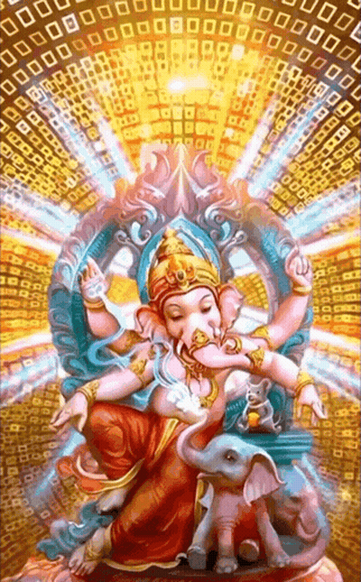 A Painting Of A Deity Sitting On A Throne With An Elephant GIF