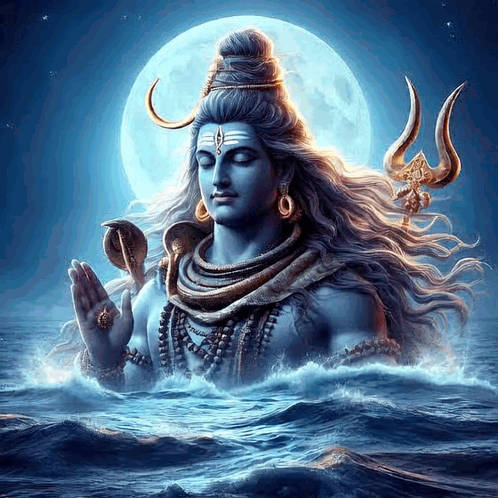 A Painting Of A Deity Standing In The Ocean With A Full Moon In The Background GIF