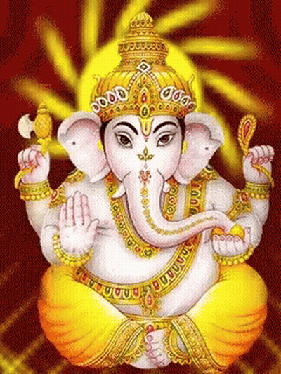 A Painting Of A Deity With A Crown And Elephant Ears GIF