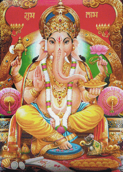 A Painting Of A Deity With A Crown On His Head And The Word ' Ram ' On The Bottom Right GIF