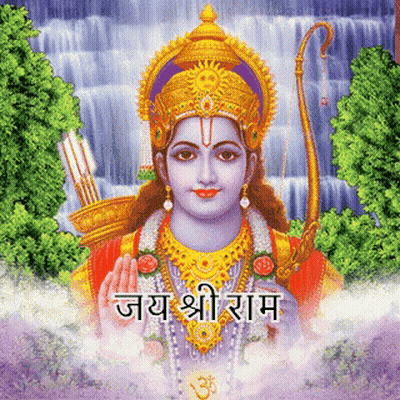 A Painting Of A Deity With A Waterfall In The Background And The Words " Jay Shri Ram " Below Him GIF