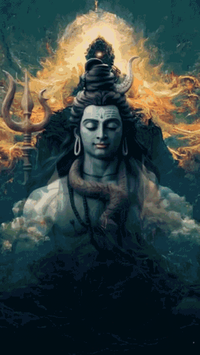 A Painting Of A Deity With Horns And A Trident On His Head GIF
