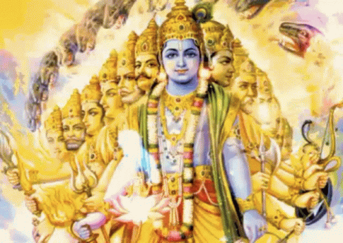 A Painting Of A Deity With Many Faces On His Head GIF