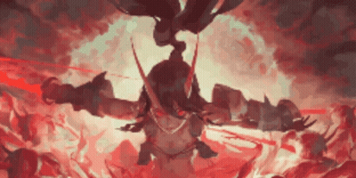 A Painting Of A Demon With Red Eyes Surrounded By Flames GIF