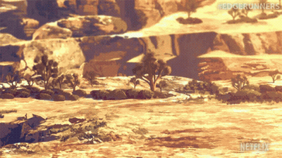 A Painting Of A Desert Landscape With A Netflix Logo In The Corner GIF