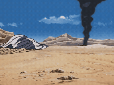 A Painting Of A Desert Scene With Smoke Coming Out Of It GIF