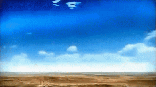 A Painting Of A Desert With A Blue Sky And White Clouds GIF