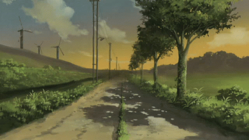 A Painting Of A Dirt Road With Trees And Windmills GIF