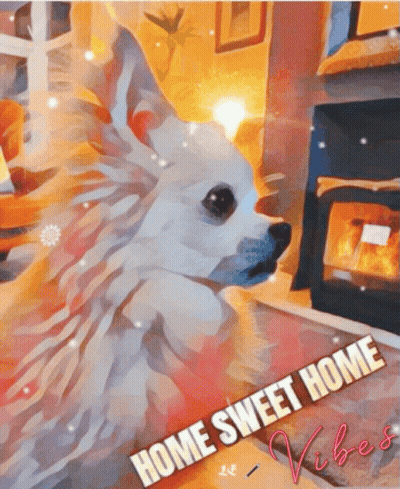A Painting Of A Dog In A Living Room With The Words Home Sweet Home Above It GIF