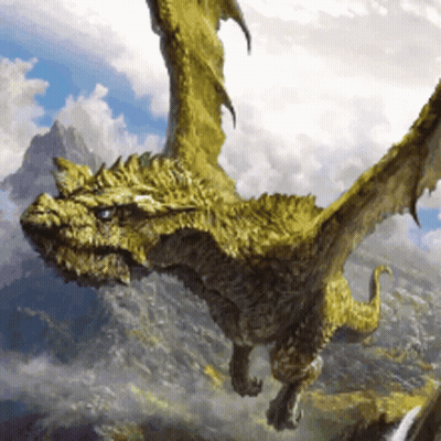 A Painting Of A Dragon Flying Through The Air With Mountains In The Background GIF