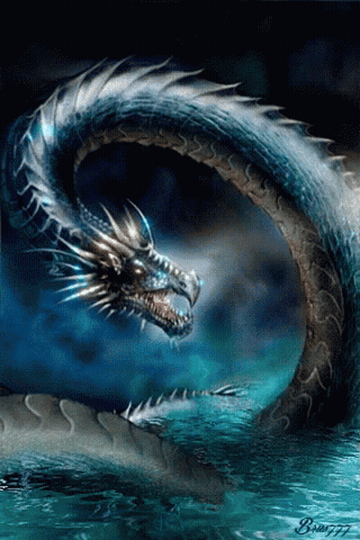 A Painting Of A Dragon In The Water With The Watermark Bran777 GIF