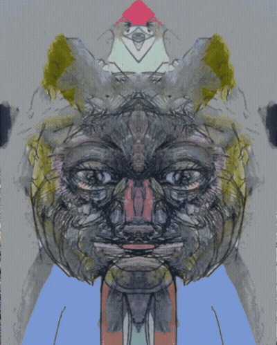 A Painting Of A Face With A Bird On Top GIF
