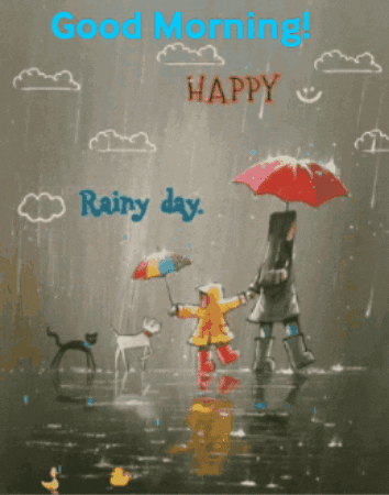 A Painting Of A Family Holding Umbrellas In The Rain GIF