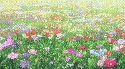 A Painting Of A Field Of Colorful Flowers And Greenery GIF