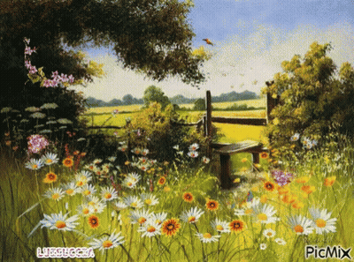 A Painting Of A Field Of Daisies And A Bench With Picmix Written In The Corner GIF