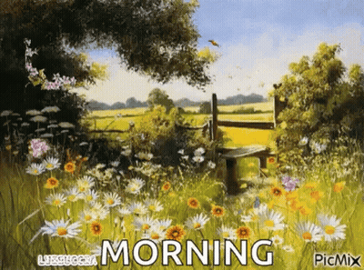 A Painting Of A Field Of Daisies With A Wooden Bench In The Middle Of It . GIF