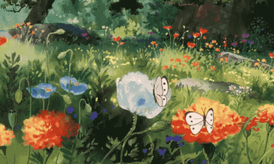 A Painting Of A Field Of Flowers And Butterflies GIF