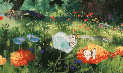 A Painting Of A Field Of Flowers With Butterflies In It GIF