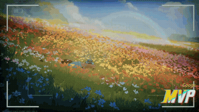 A Painting Of A Field Of Flowers With The Word Mvp On The Bottom Right GIF
