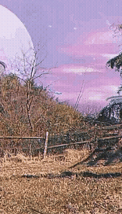 A Painting Of A Field With A Fence And Trees In The Background . GIF