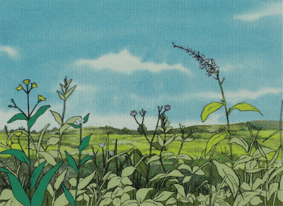 A Painting Of A Field With Flowers And Leaves GIF