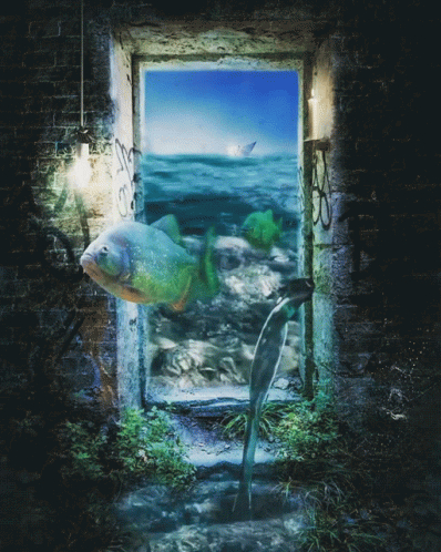 A Painting Of A Fish Swimming In The Ocean With The Letter S On It GIF