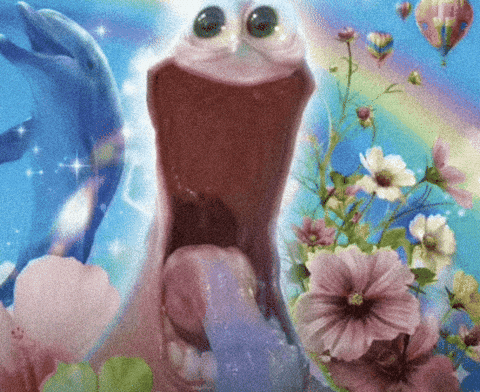 A Painting Of A Fish With Its Mouth Open And Flowers GIF