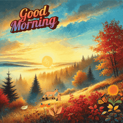 A Painting Of A Forest With The Words " Good Morning " On It GIF