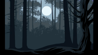 A Painting Of A Forest With Trees And A Full Moon GIF