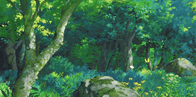 A Painting Of A Forest With Trees And Flowers GIF