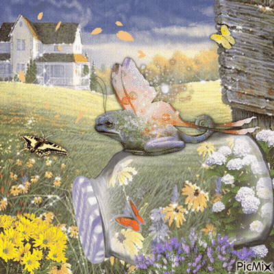 A Painting Of A Frog In A Vase With Butterflies And Flowers And The Words Picmix On The Bottom GIF