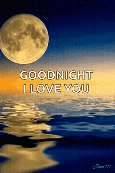 A Painting Of A Full Moon Over A Body Of Water With The Words Goodnight I Love You GIF