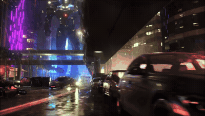 A Painting Of A Futuristic City With Cars And A Robot In The Background GIF