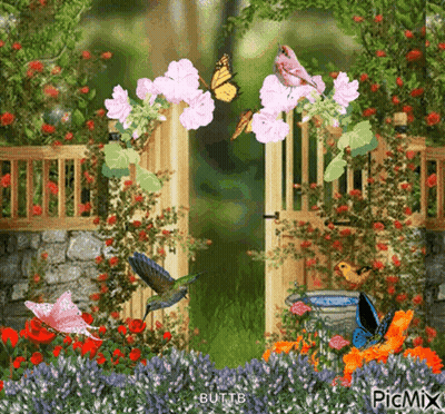 A Painting Of A Garden With Butterflies And Flowers GIF