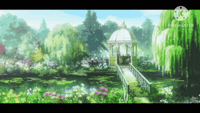 A Painting Of A Gazebo In A Garden With A Bridge Over A Pond GIF