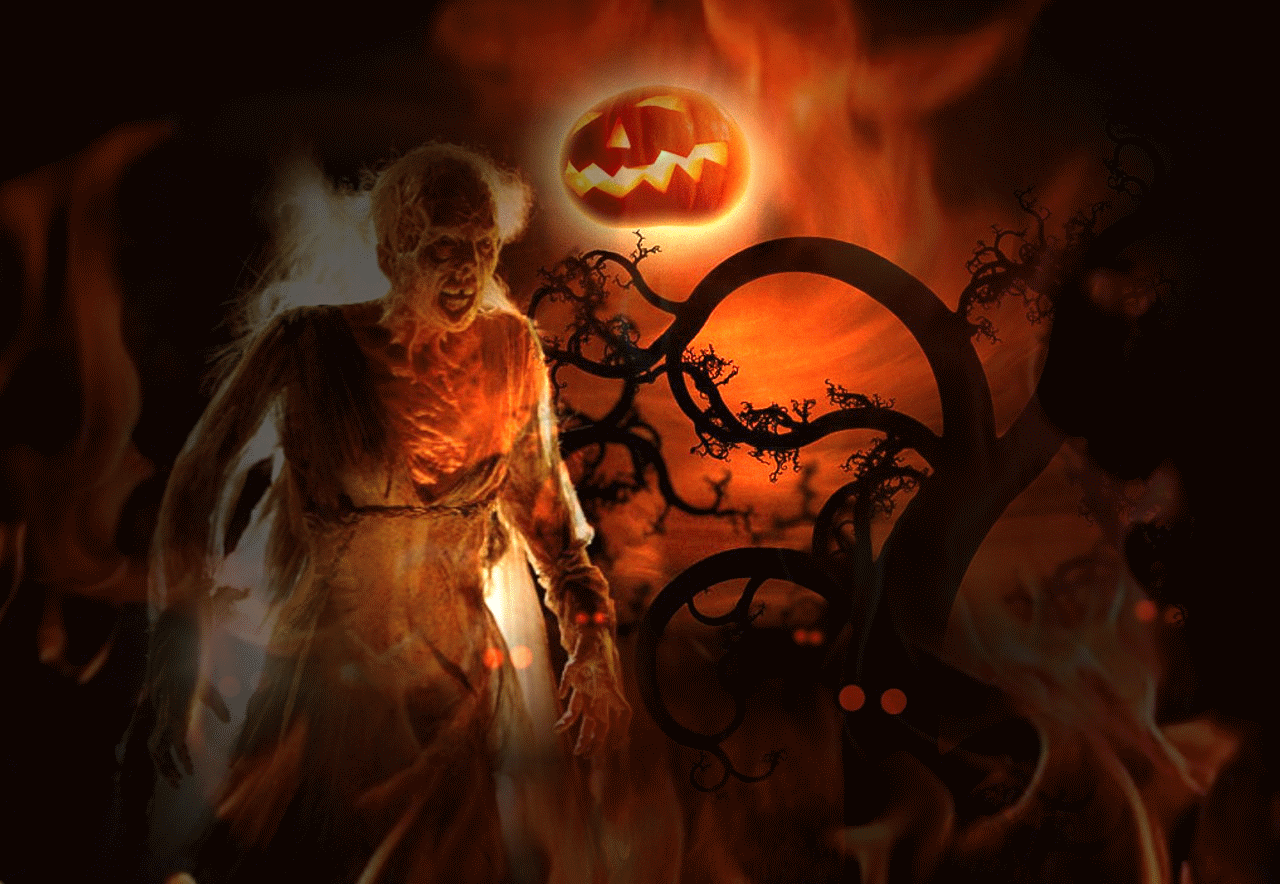 A Painting Of A Ghost With A Pumpkin Behind Him GIF