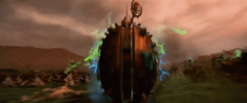 A Painting Of A Giant Ball With A Spear In It GIF